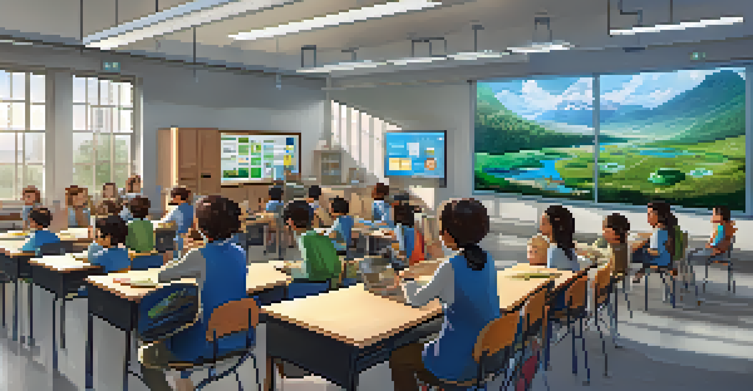 A teacher demonstrating sustainability concepts using technology in a bright classroom filled with engaged students.