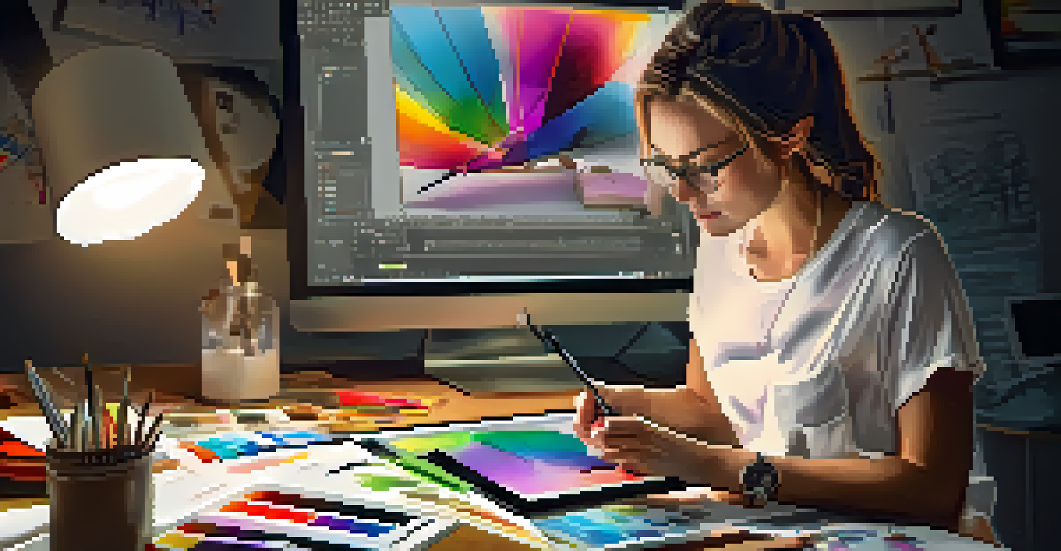 An artist focused on creating graphic design on a digital tablet, surrounded by tools and sketches, with warm lighting illuminating the workspace.