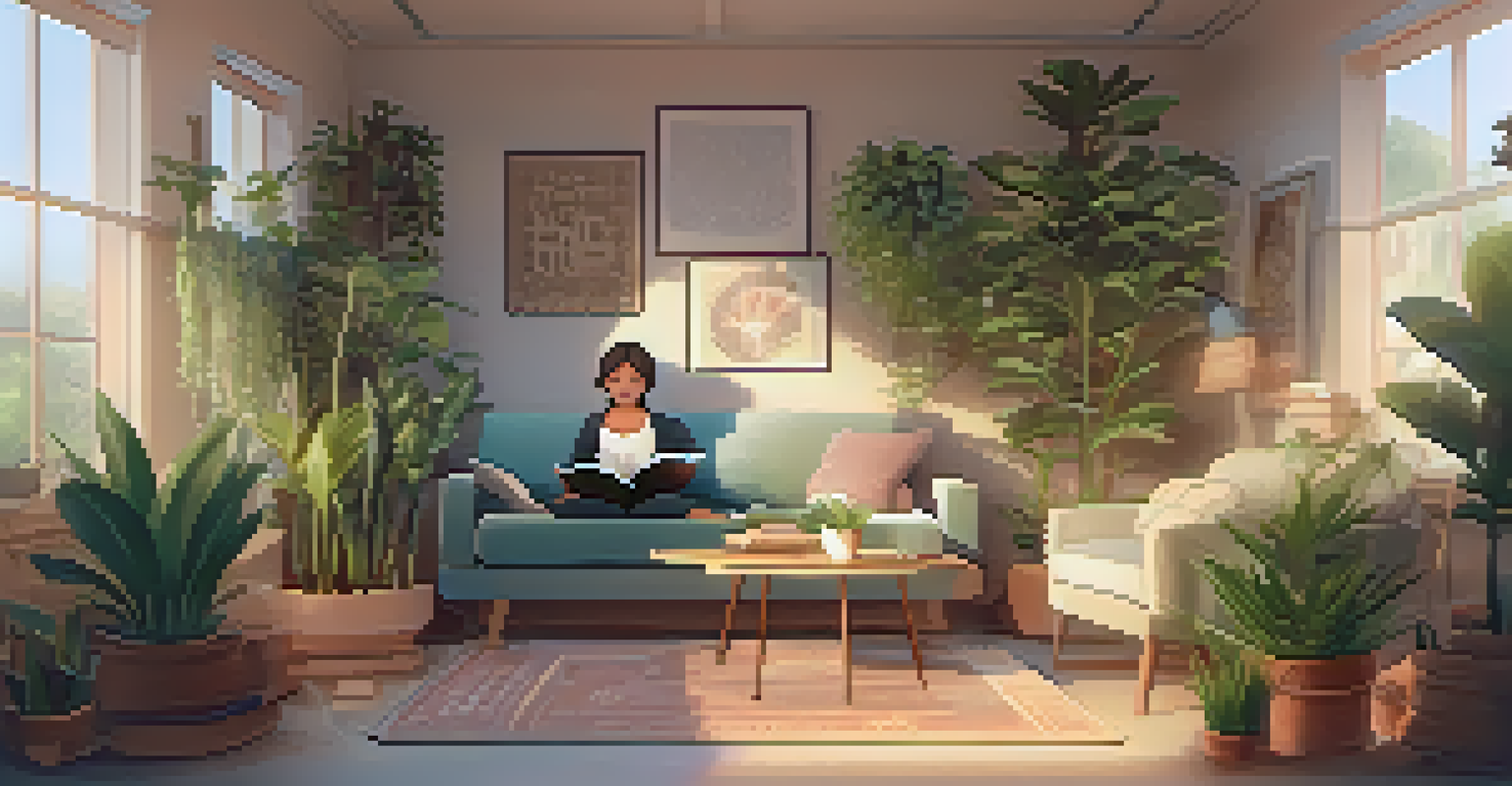 A cozy and serene online learning space dedicated to mental health, featuring students in a calming environment with plants and soft lighting.