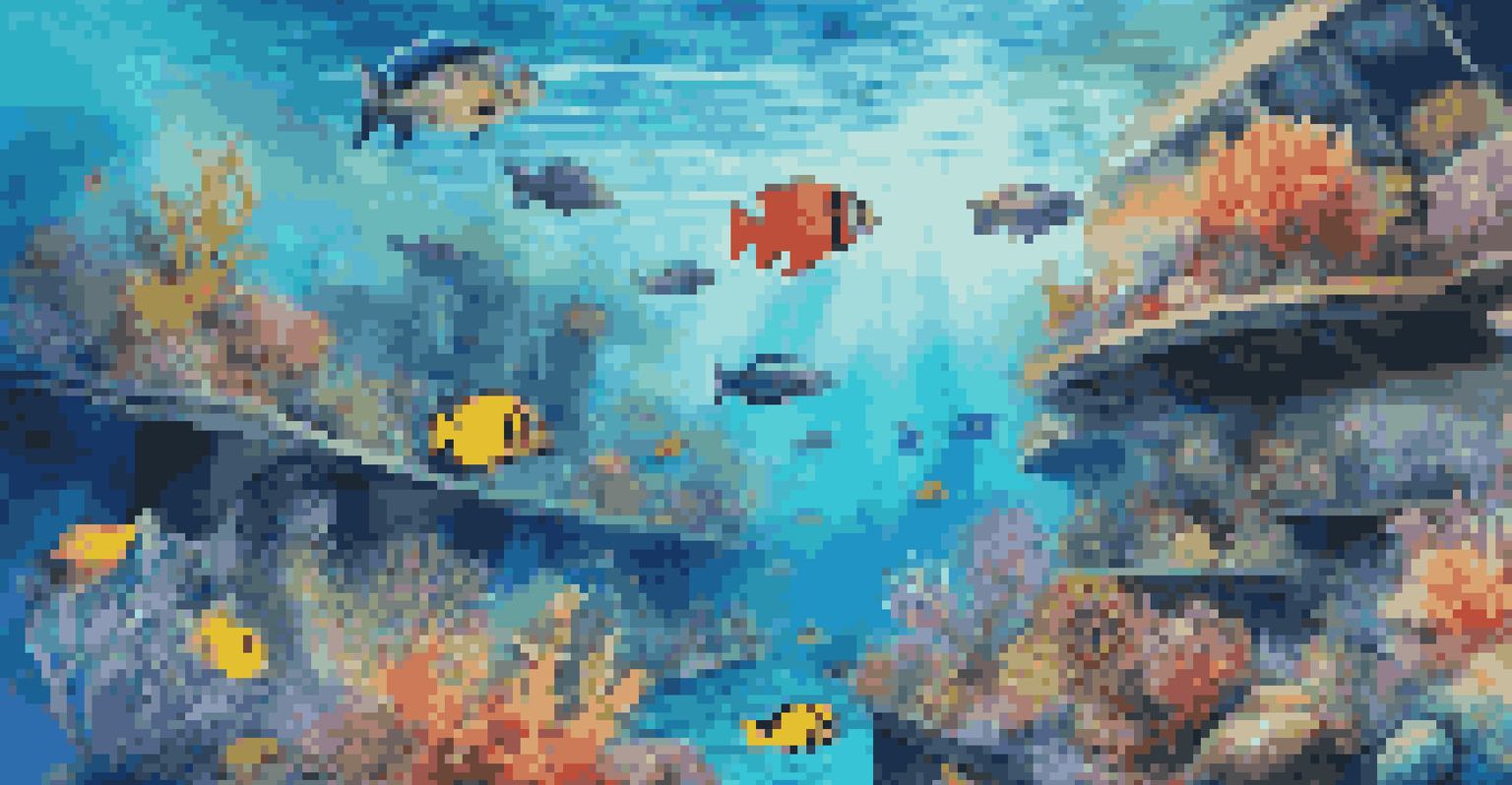Students using virtual reality headsets to explore a vibrant underwater ecosystem filled with marine life, enhancing their learning experience.