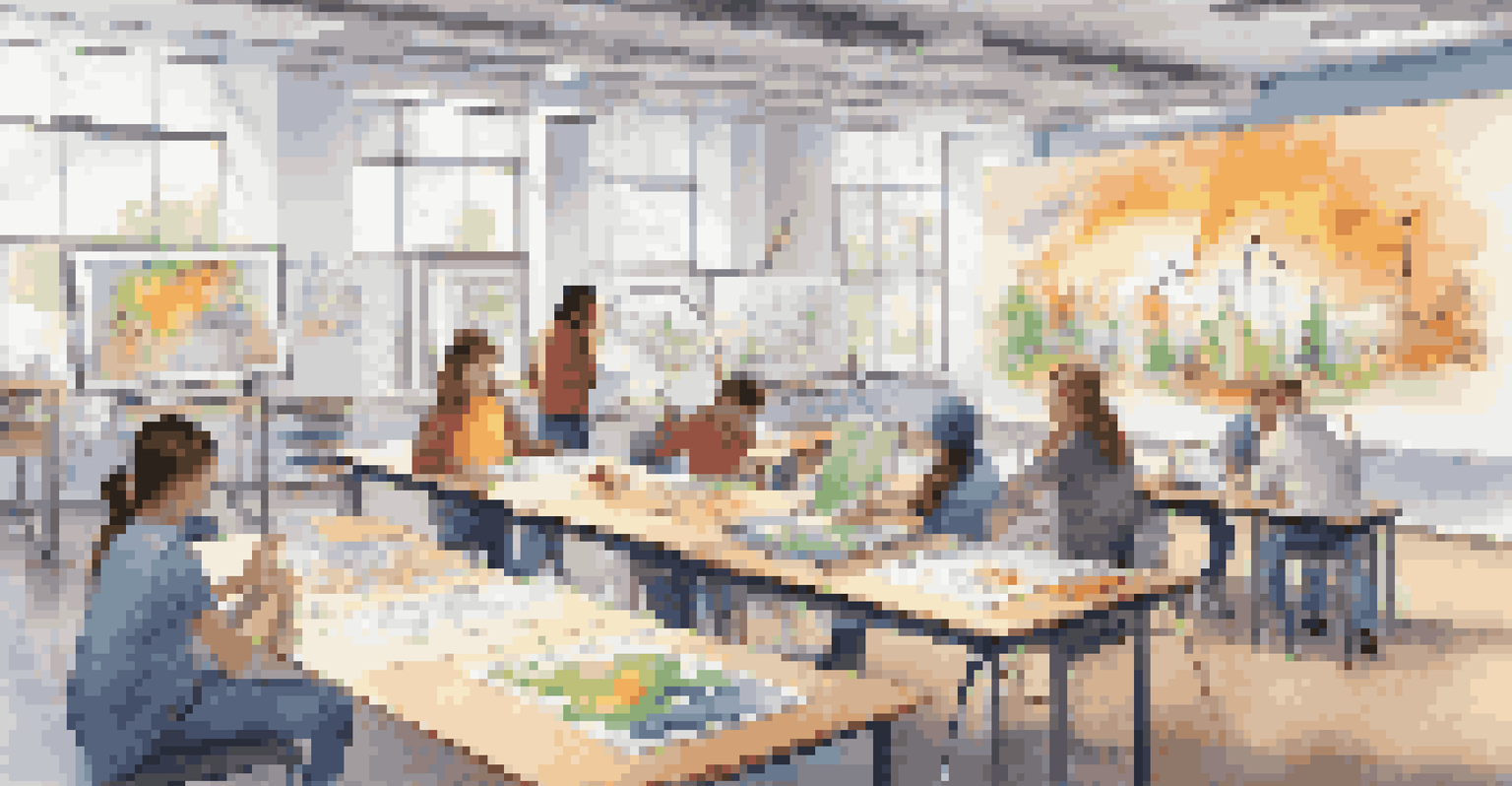 Students collaborating on a renewable energy project in a bright classroom filled with creative materials and sketches.