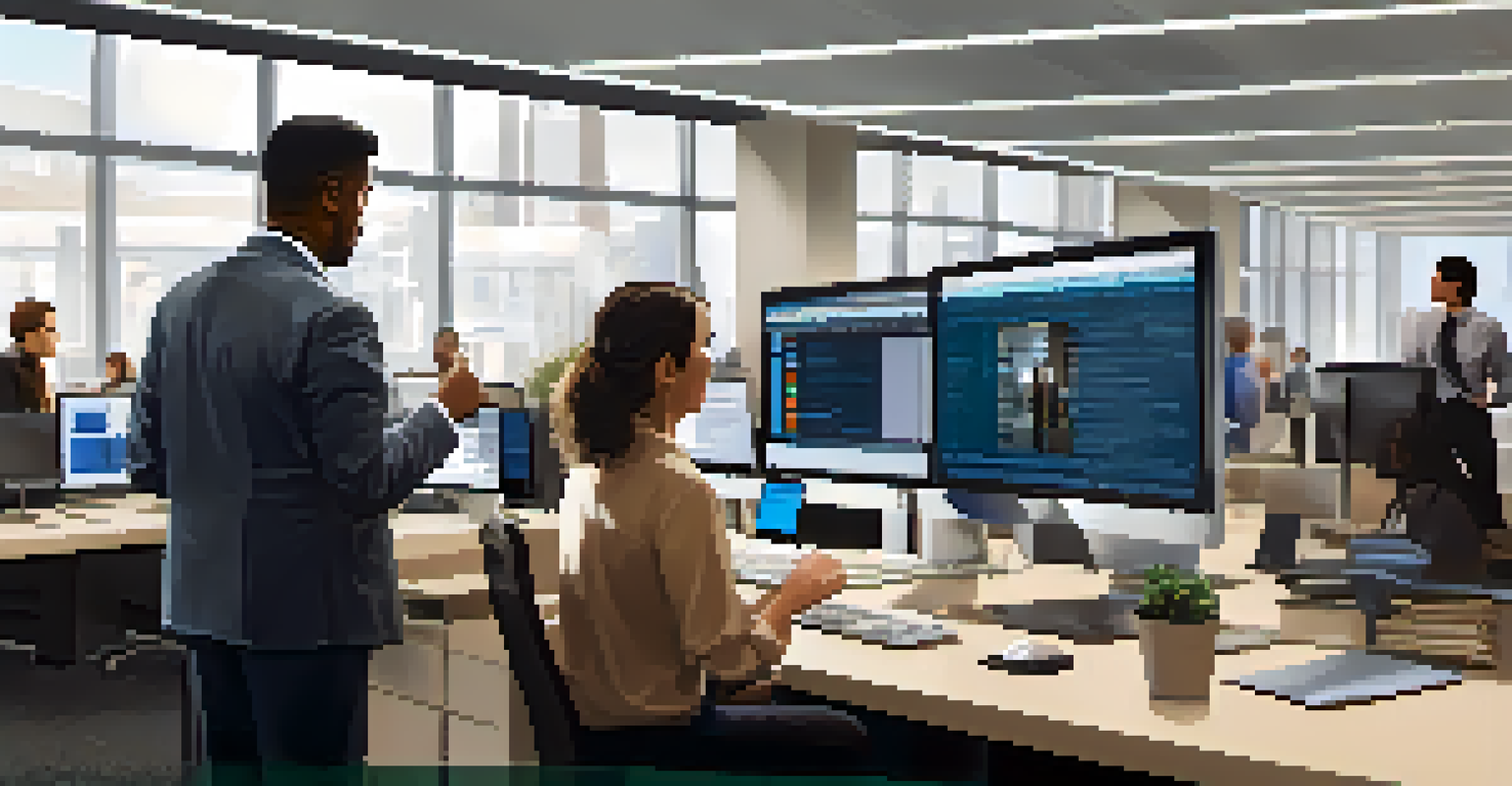 An experienced employee mentoring a new hire during a job shadowing session in a busy office, with a computer screen in focus.