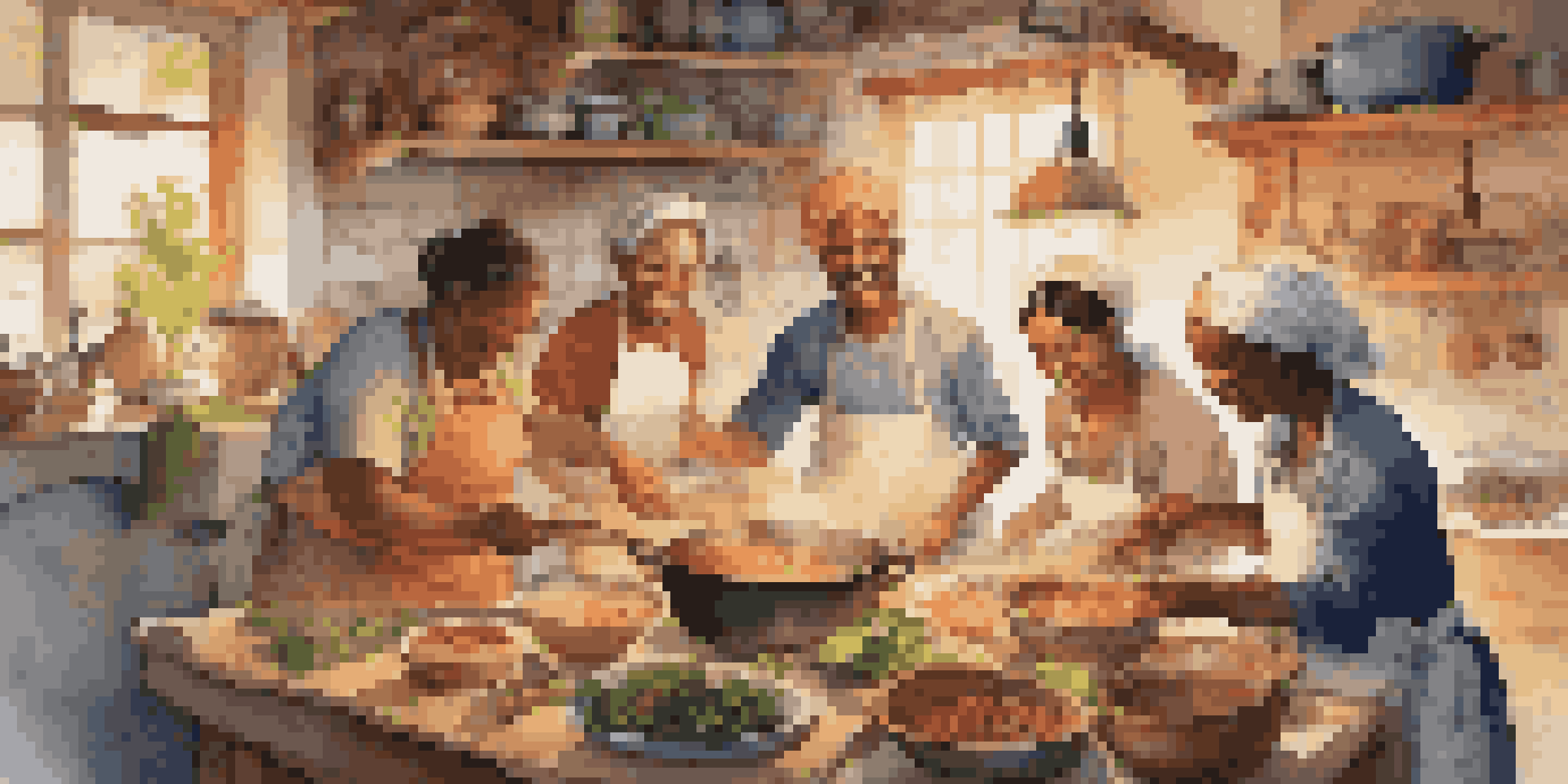 A diverse group of people cooking a traditional meal in a cozy kitchen, showcasing collaboration and cultural exchange.