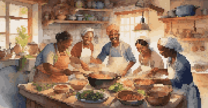 A diverse group of people cooking a traditional meal in a cozy kitchen, showcasing collaboration and cultural exchange.