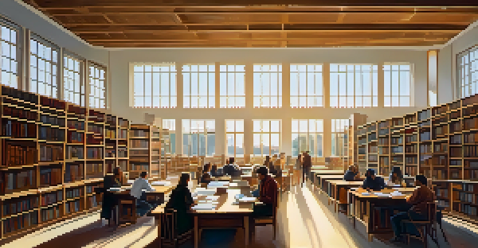 A diverse group of scholars discussing in a sunlit academic library surrounded by bookshelves and papers.