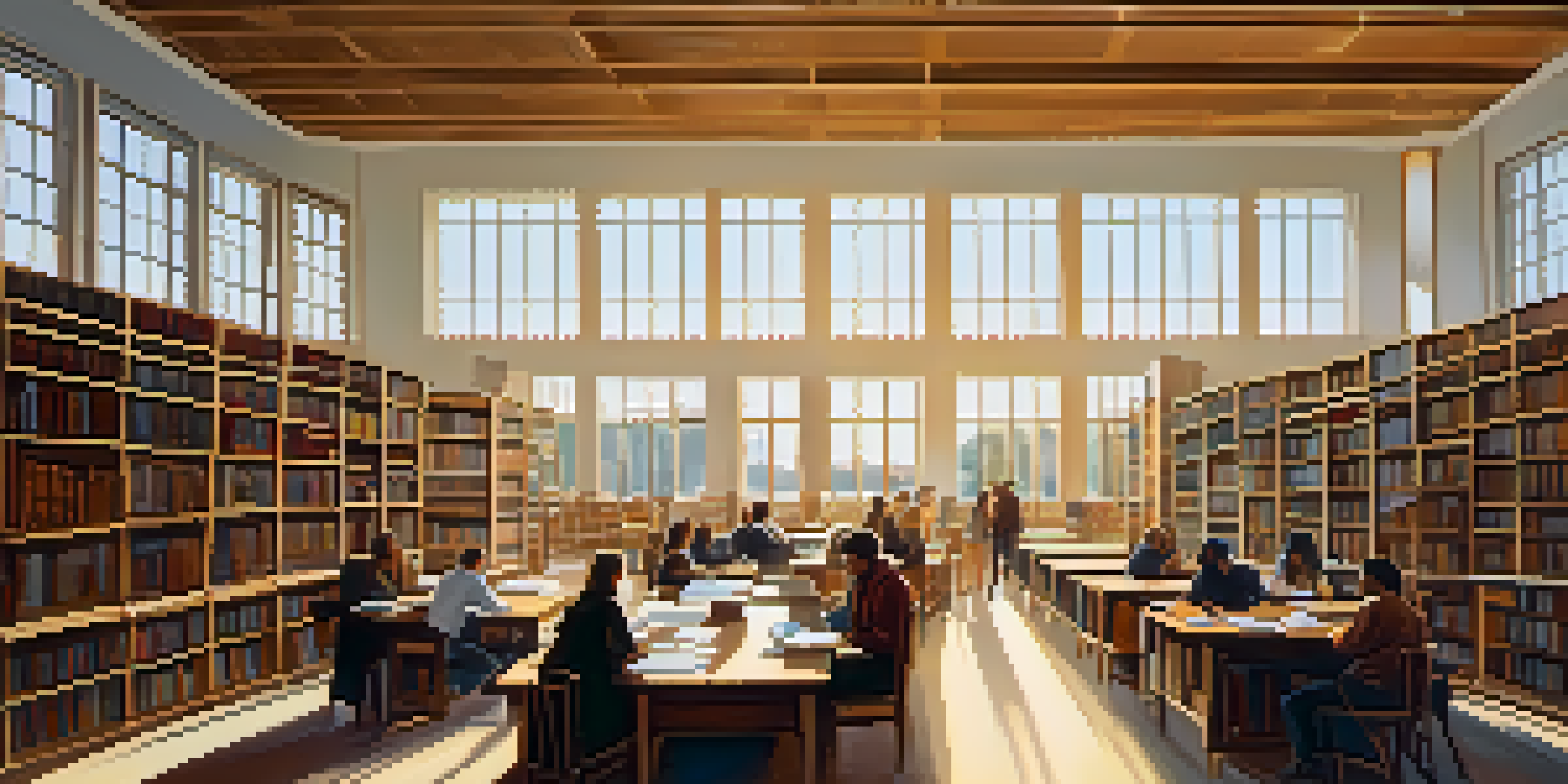 A diverse group of scholars discussing in a sunlit academic library surrounded by bookshelves and papers.