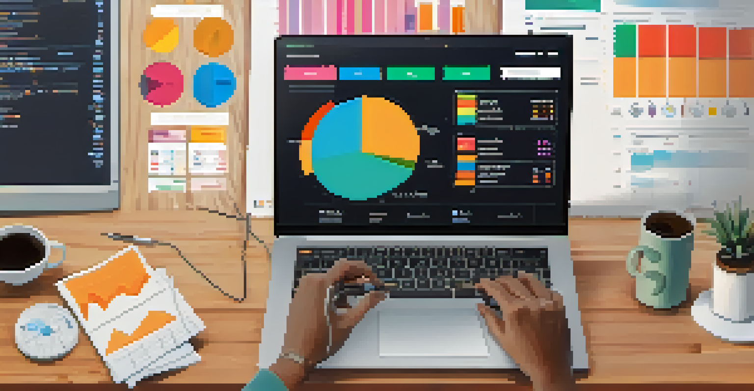 A laptop screen showing an online survey with charts and graphs, with hands typing on the keyboard and a coffee cup beside it.