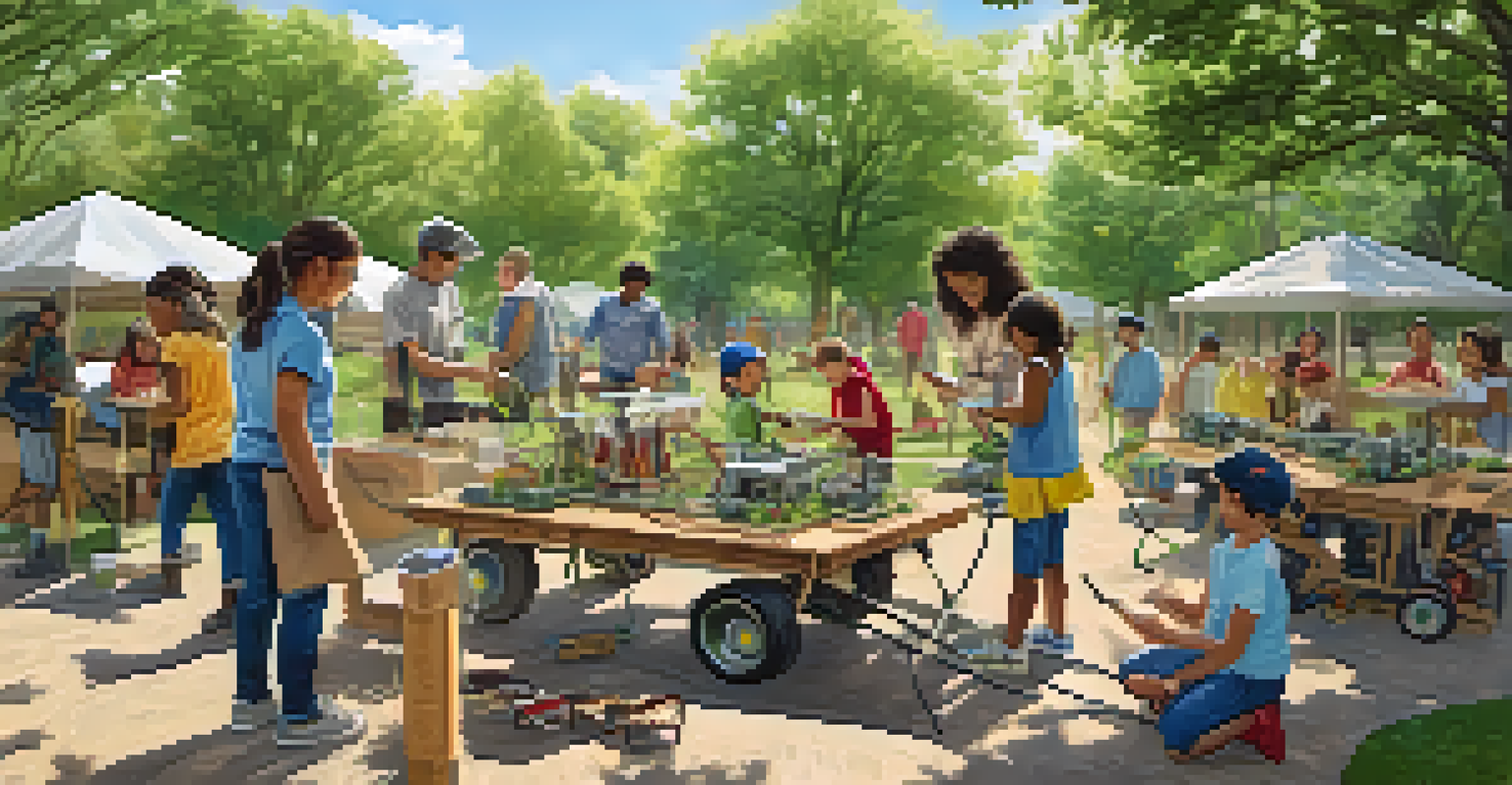 A community workshop with children and adults building a solar-powered vehicle using recycled materials in an outdoor setting.