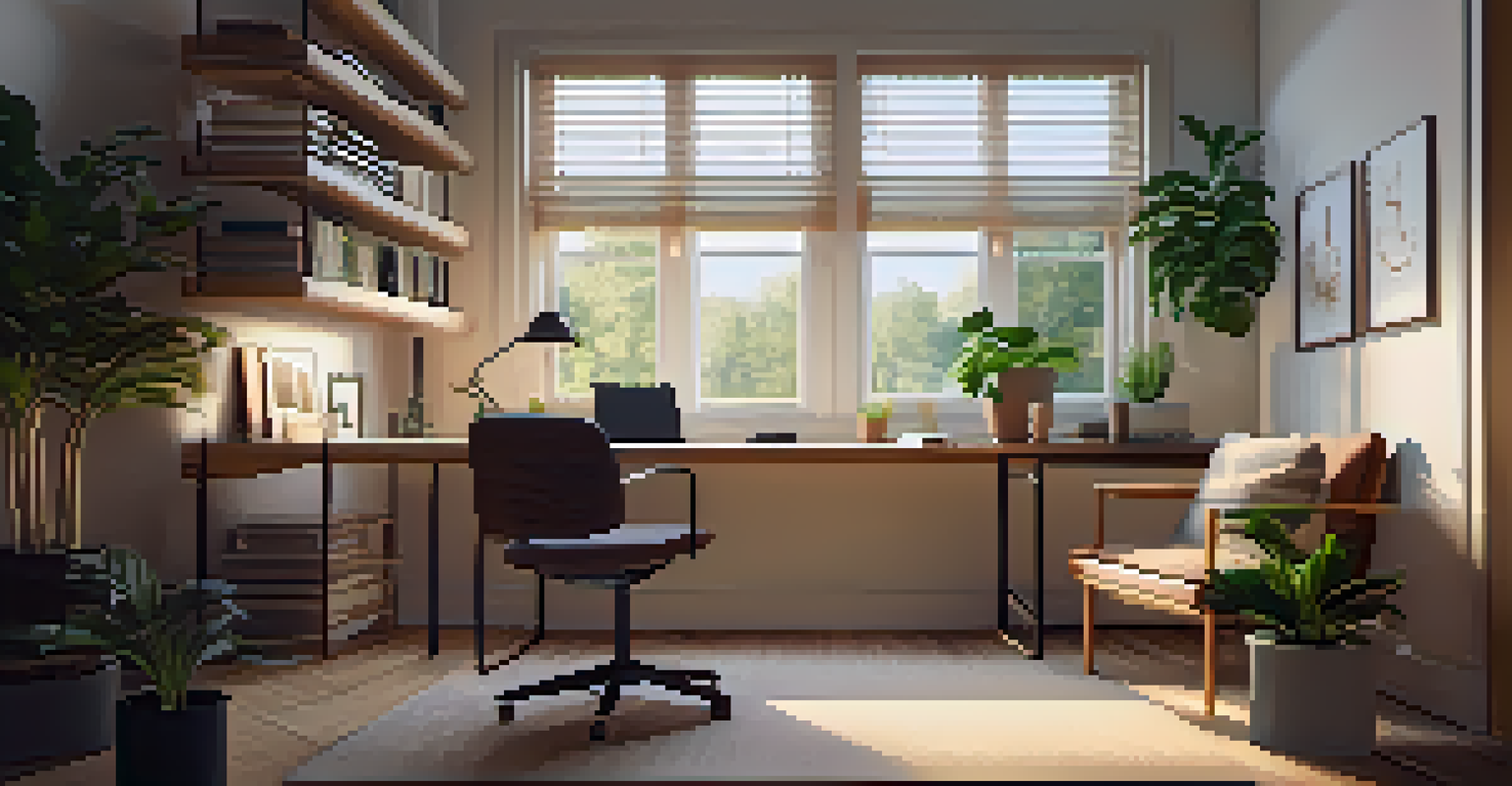 A tidy study area with a desk, laptop, and a plant, illuminated by soft lighting, designed for focused learning.