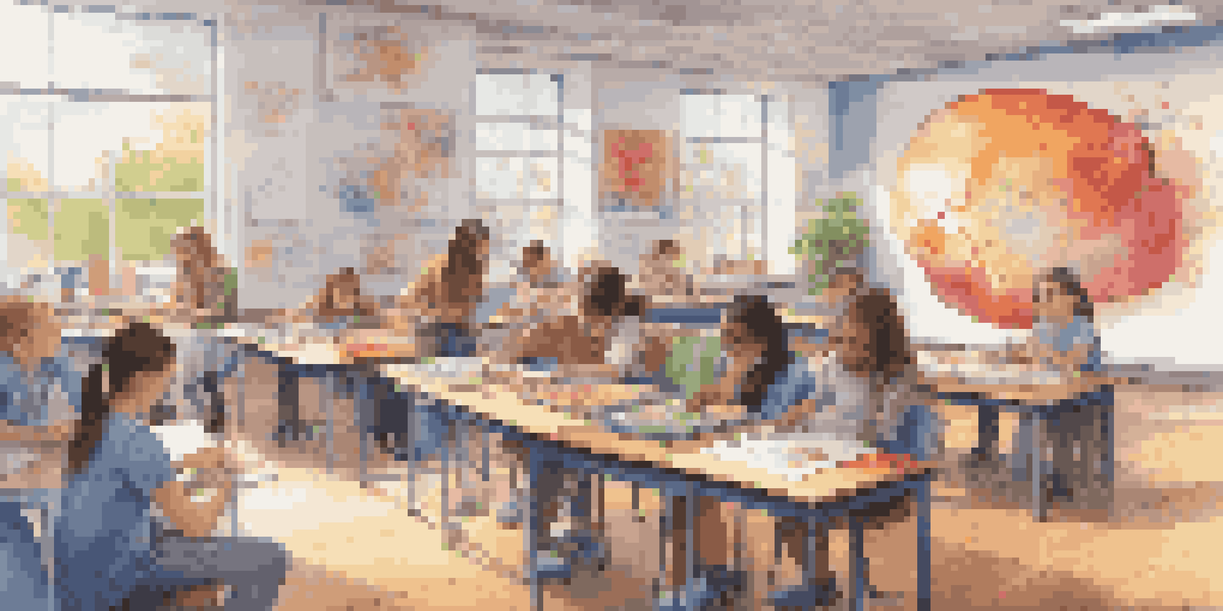 A colorful classroom filled with students using AR devices, exploring 3D models of the human heart and planets while sunlight streams in through large windows.
