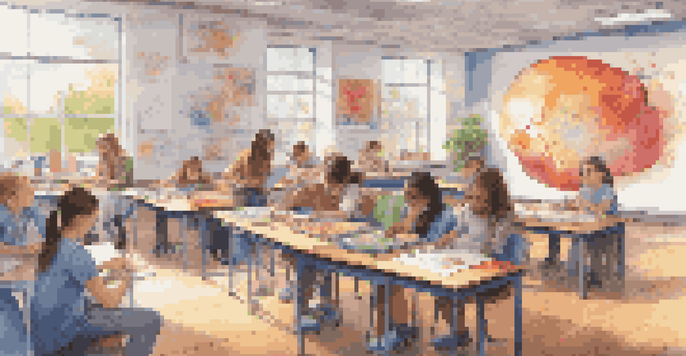 A colorful classroom filled with students using AR devices, exploring 3D models of the human heart and planets while sunlight streams in through large windows.