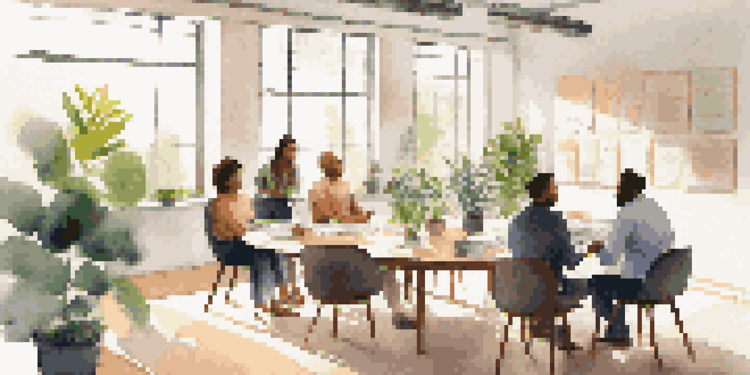 A diverse group of professionals participating in a mindful leadership workshop in a bright office space with plants and a round table.