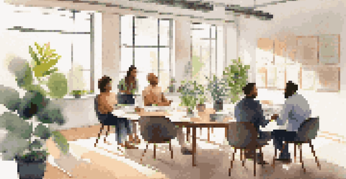 A diverse group of professionals participating in a mindful leadership workshop in a bright office space with plants and a round table.