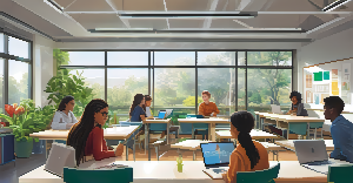 A modern classroom with diverse students engaged in group discussions around a table, highlighting collaboration and active learning.