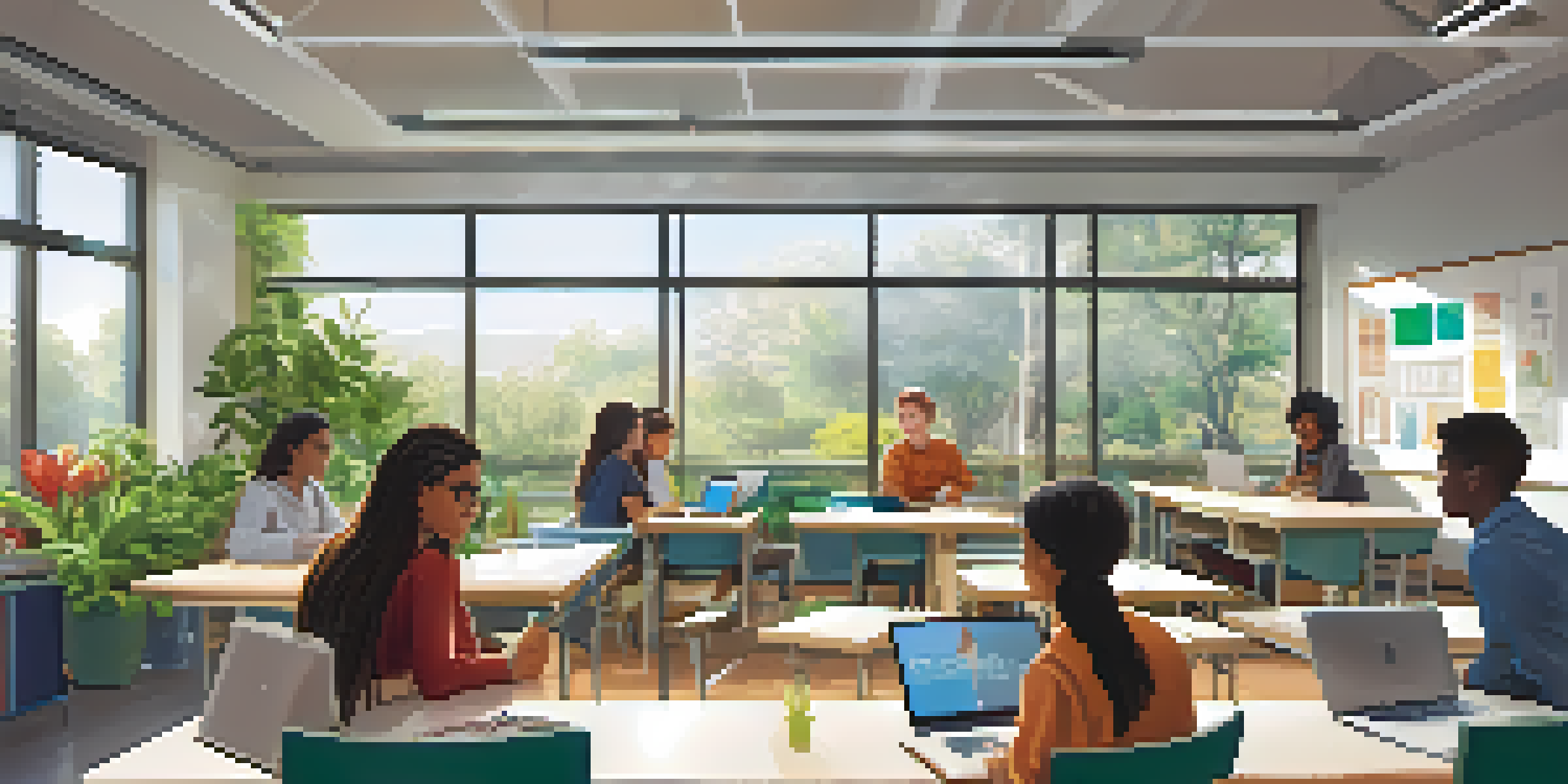 A modern classroom with diverse students engaged in group discussions around a table, highlighting collaboration and active learning.