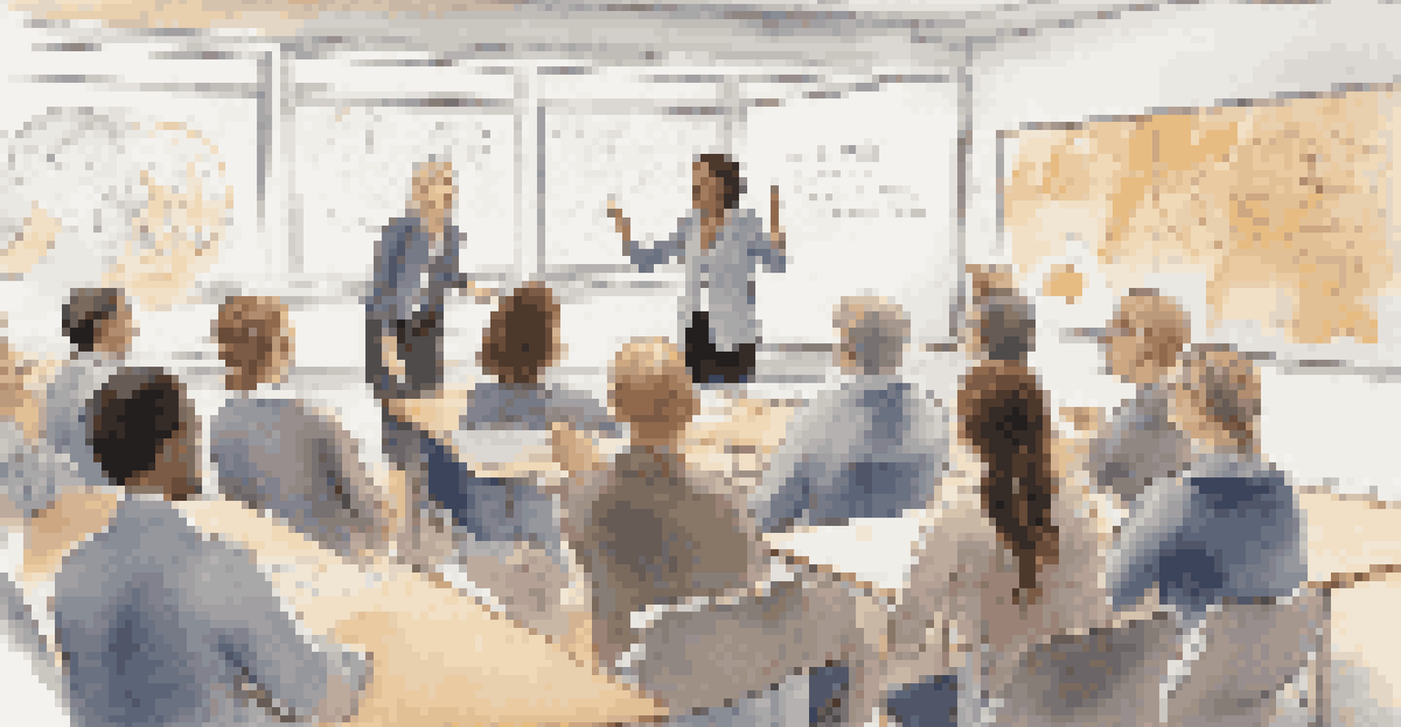 An emotionally intelligent teacher facilitating a conflict resolution session with a group of teachers in a classroom.