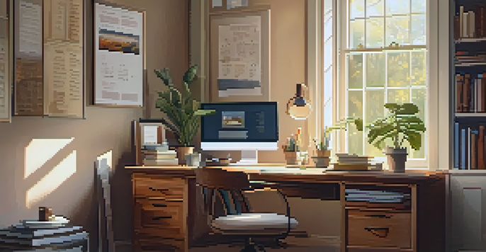 A cozy home office with a wooden desk, a laptop, books, and a cup of coffee by a large window overlooking a garden, highlighting a calendar with deadlines.