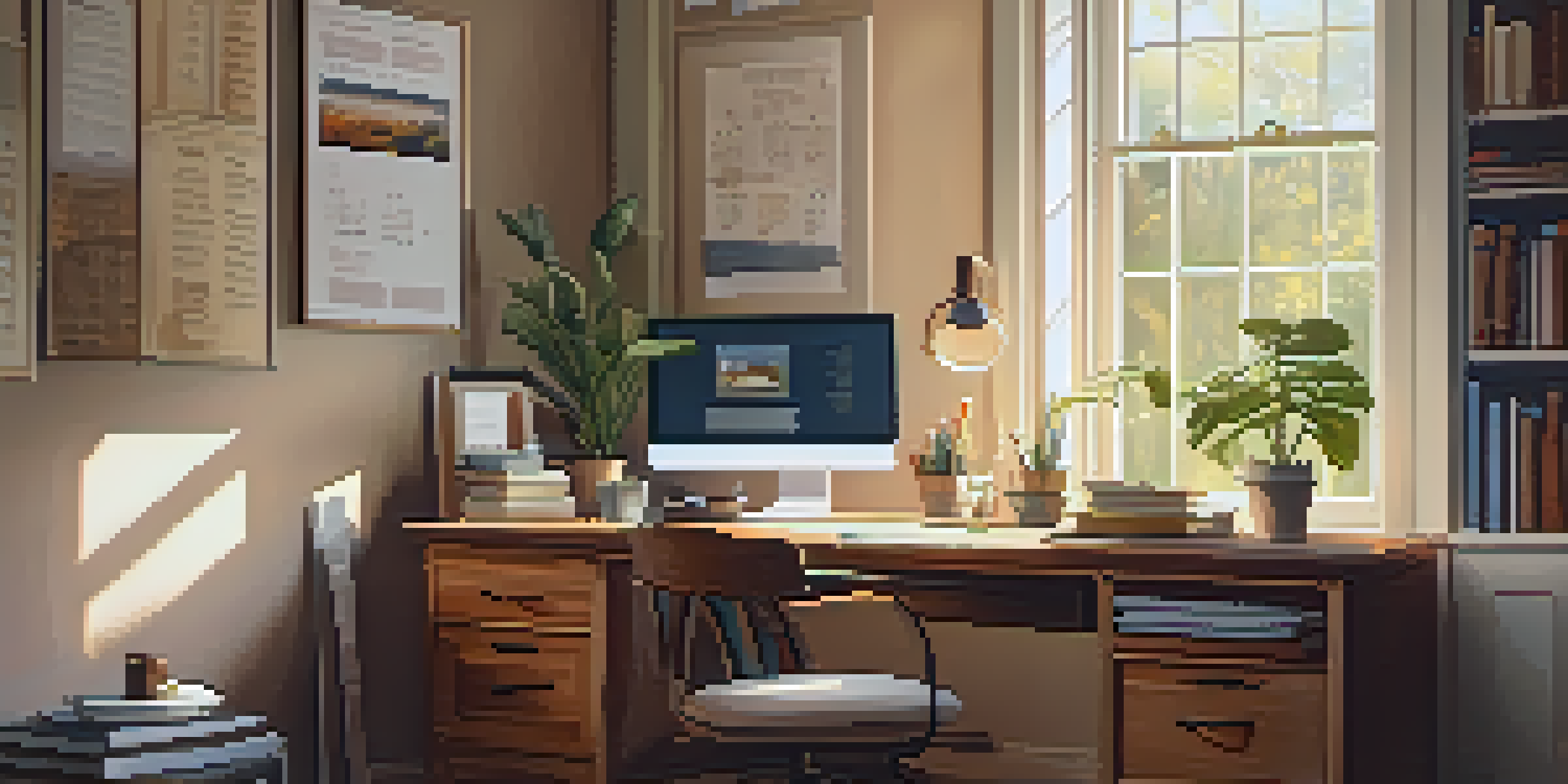 A cozy home office with a wooden desk, a laptop, books, and a cup of coffee by a large window overlooking a garden, highlighting a calendar with deadlines.