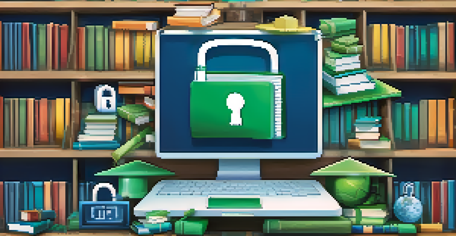 An abstract image depicting data privacy in education with a digital lock symbol and educational icons in a blue and green background.