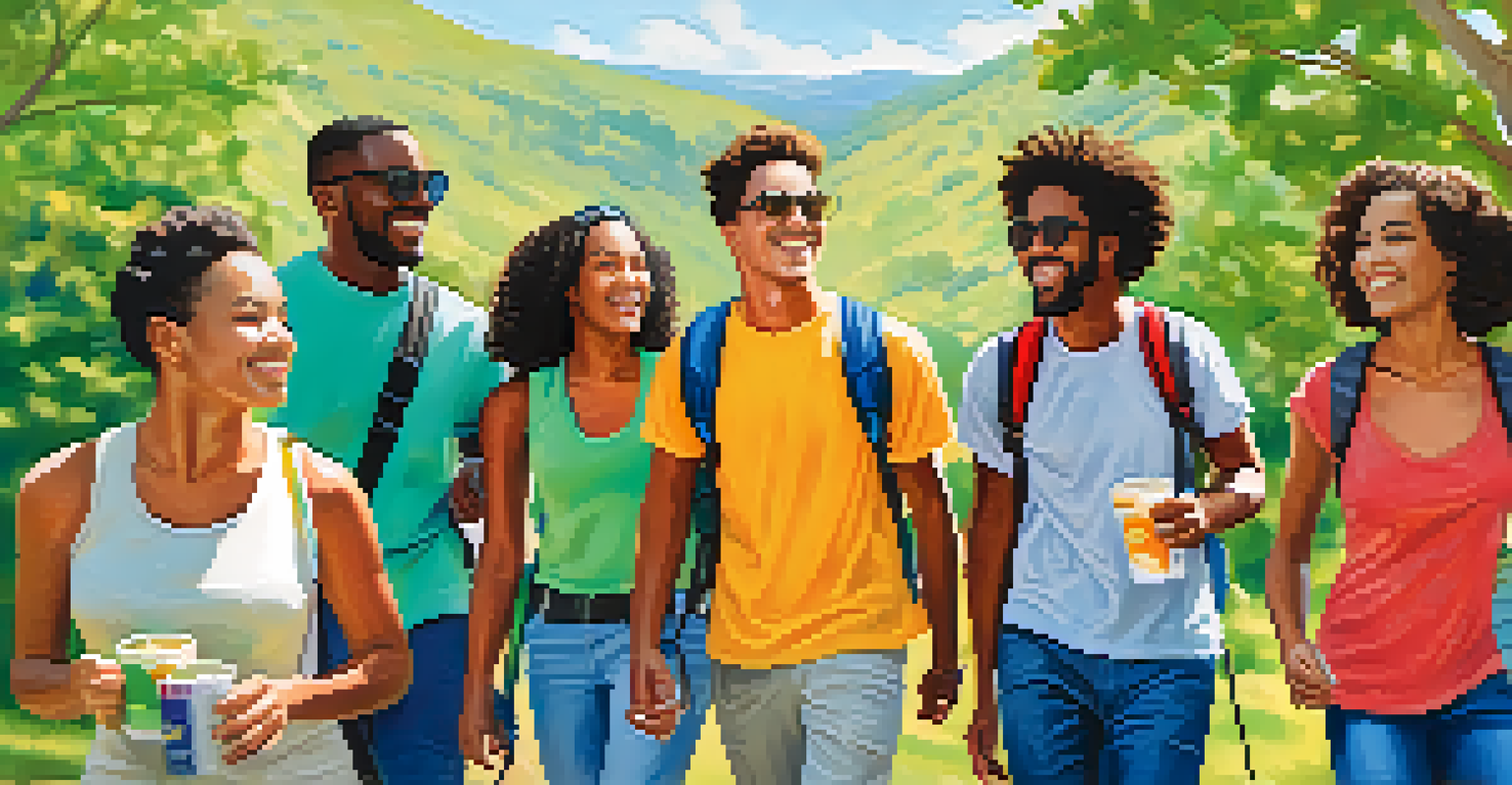 A diverse group of friends engaging in a healthy outdoor activity, smiling and enjoying the sunshine.