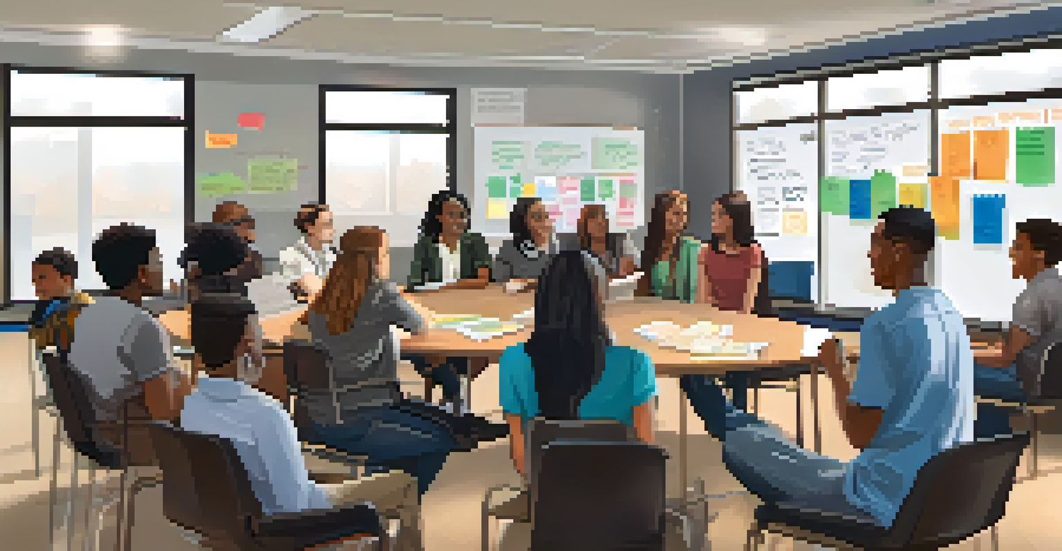Students and community partners collaborating in a meeting room, discussing project goals with notes on a whiteboard.