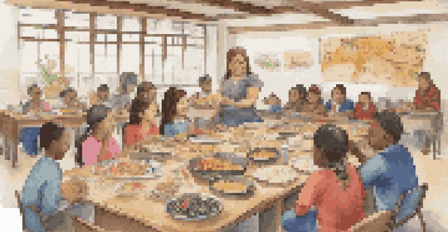 Students sharing traditional foods and discussing their cultural backgrounds in a welcoming classroom environment.