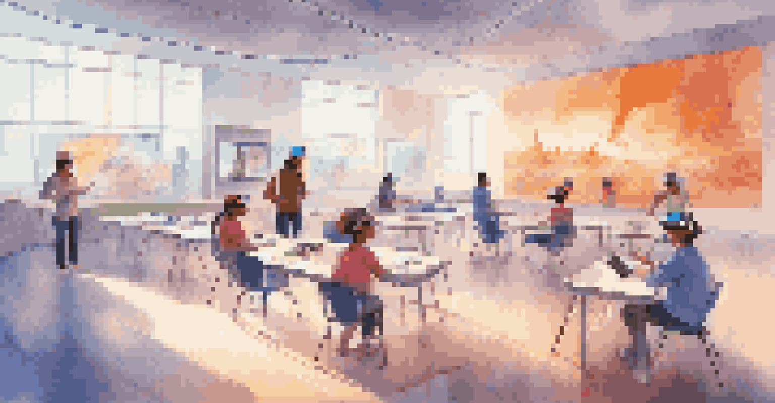 Learners using virtual reality headsets in a modern classroom, exploring immersive educational content in a vibrant setting.