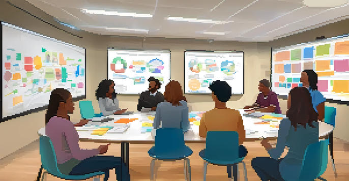 A diverse group of educators in a bright classroom, collaborating over blended learning strategies with laptops and notepads.