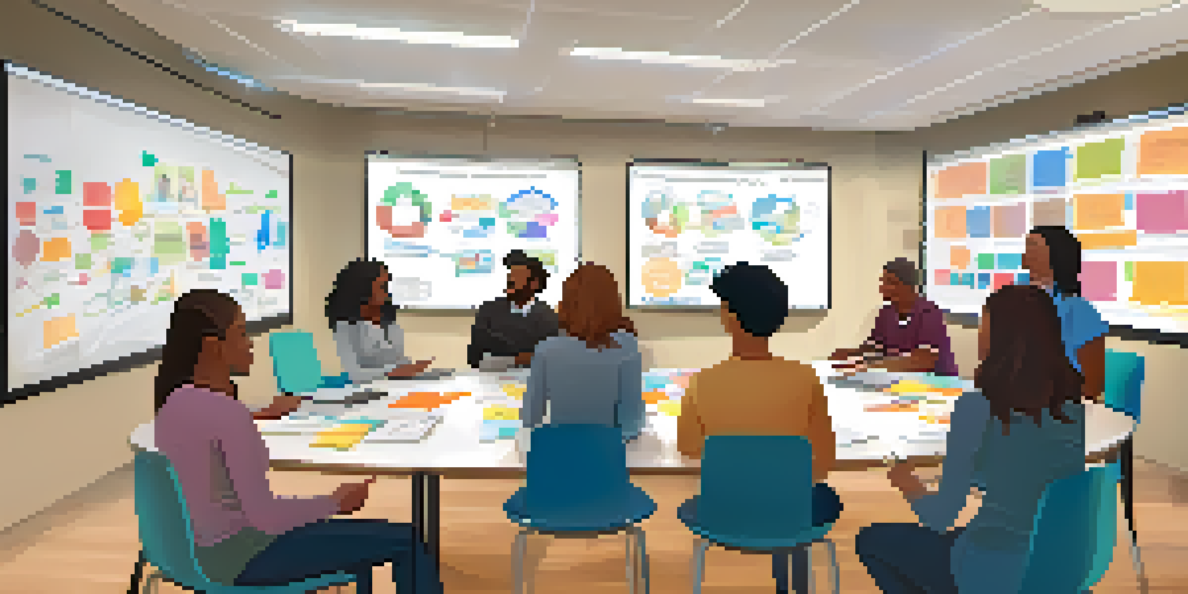 A diverse group of educators in a bright classroom, collaborating over blended learning strategies with laptops and notepads.