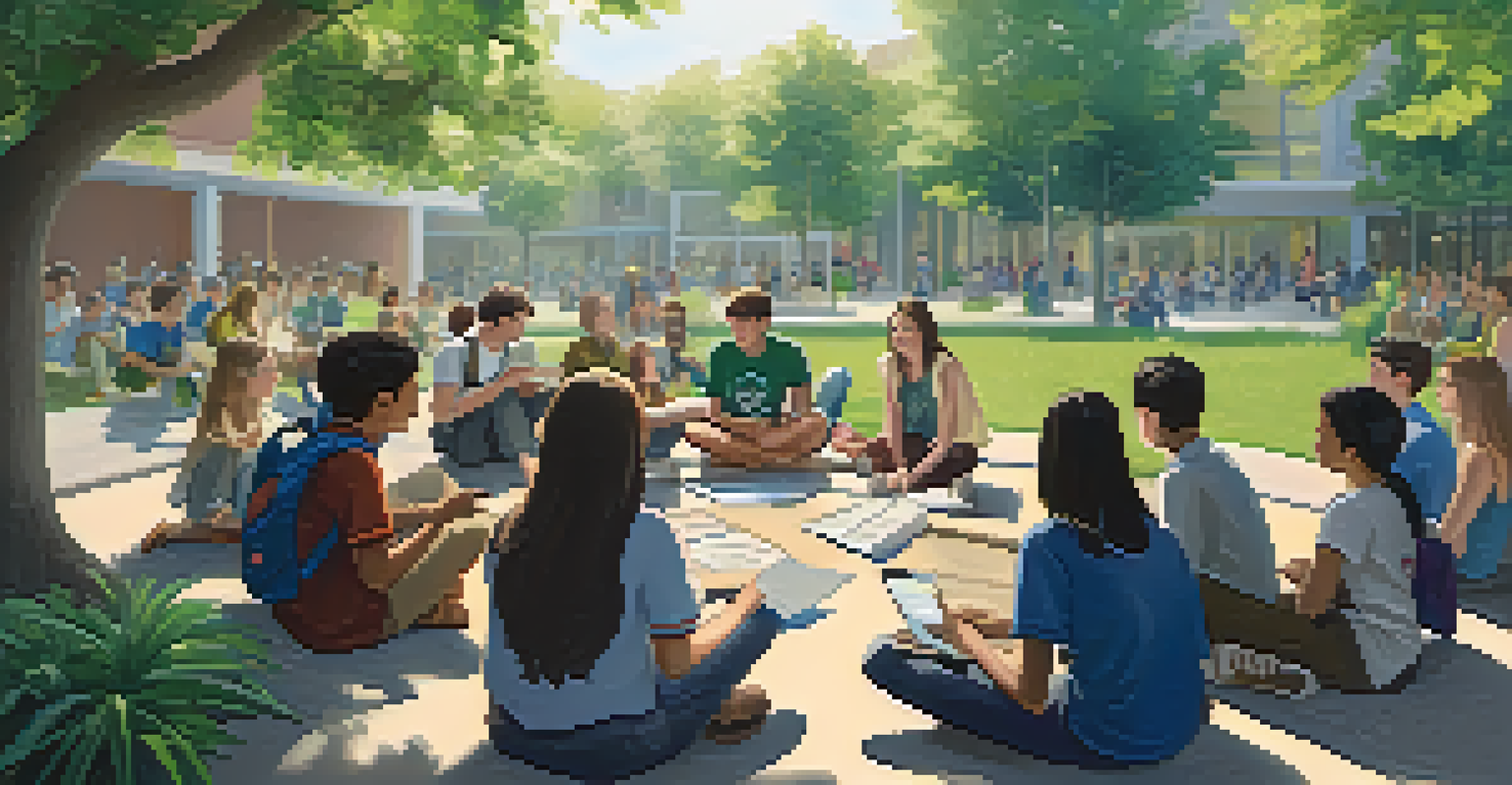 A circle of students sharing stories about environmental issues, surrounded by greenery and holding various learning materials.