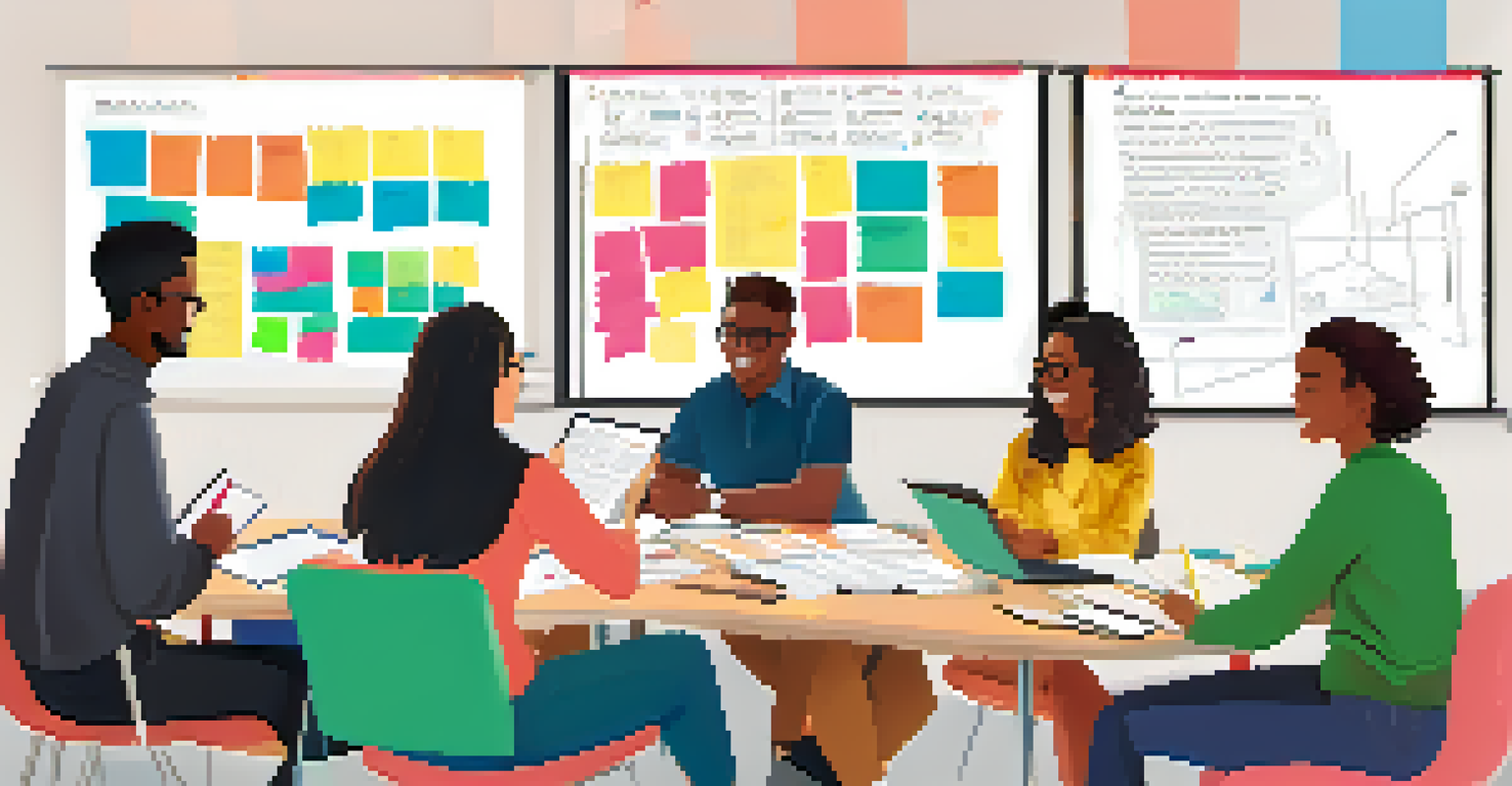 A diverse group of people collaborating in a study session with books, laptops, and a whiteboard, representing teamwork and engagement.