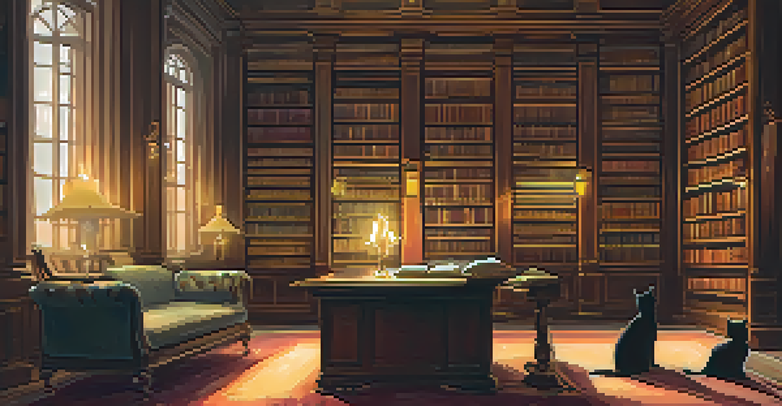 An elegant library interior with tall bookshelves, a scholar reading at a wooden table, and warm lighting.