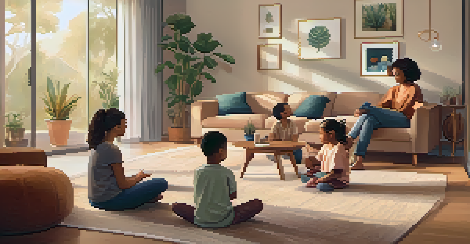 A family sitting in a cozy living room, practicing mindfulness together in a circle, surrounded by warm lighting and personal touches.
