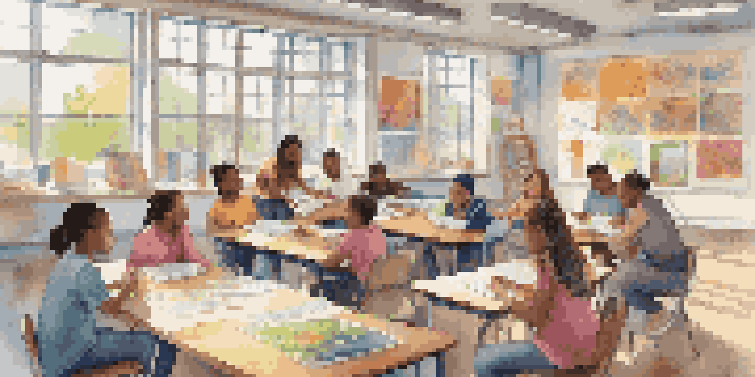 A diverse group of students collaborating in a bright classroom, sharing ideas at a round table with colorful posters on the walls.