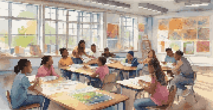 A diverse group of students collaborating in a bright classroom, sharing ideas at a round table with colorful posters on the walls.