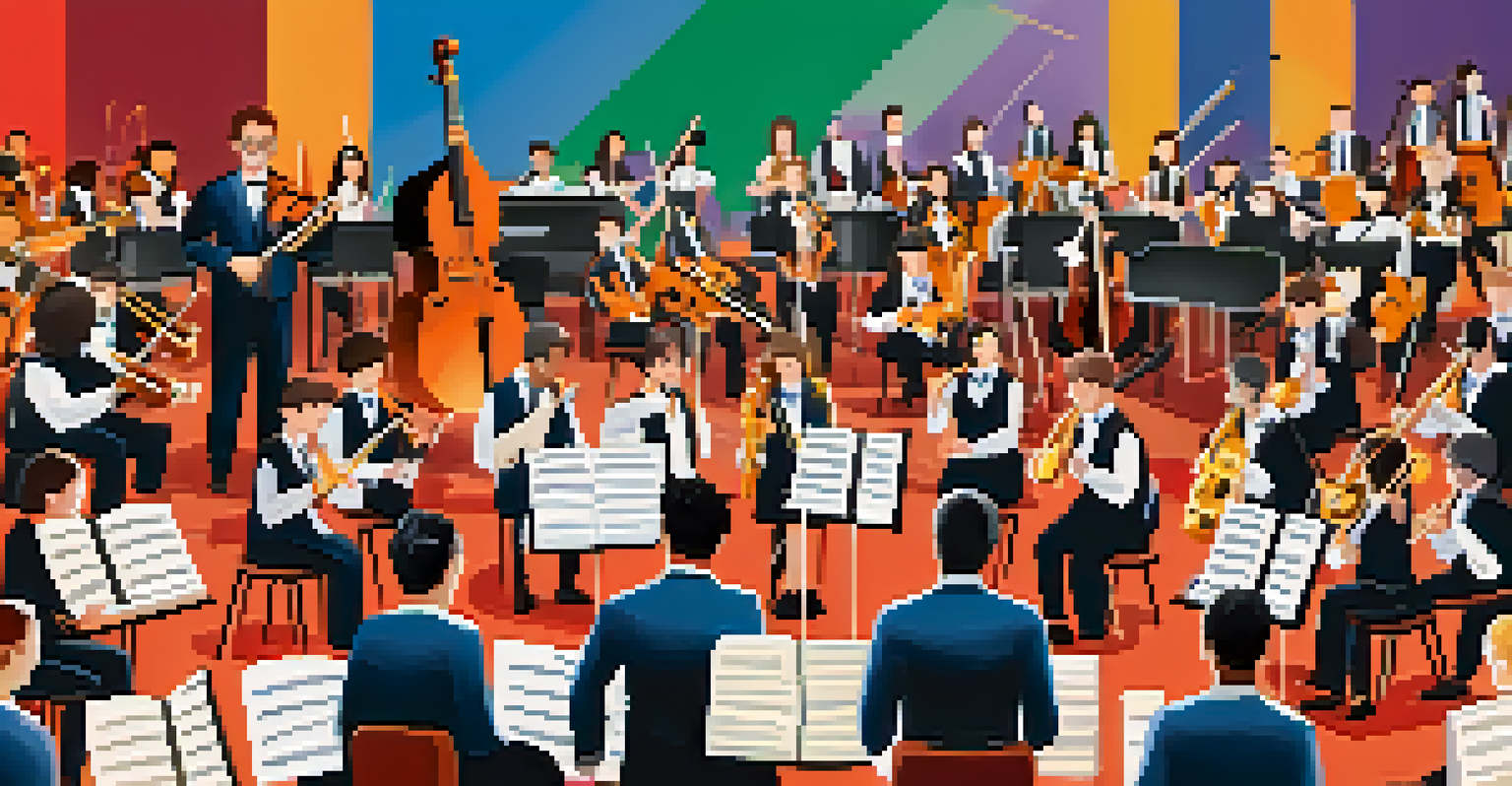 An orchestra of diverse stakeholders in education playing musical instruments together, representing collaboration in developing Open Educational Resources.