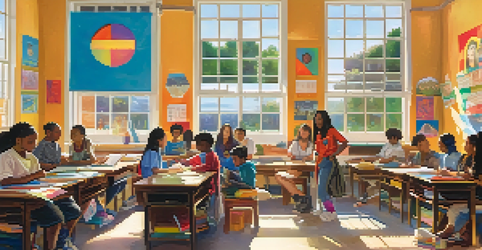 A diverse group of students working together on a project in a bright classroom filled with cultural posters and art supplies.