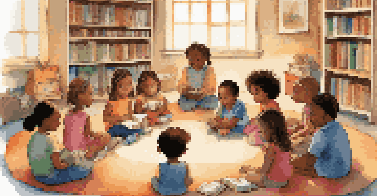 A diverse group of children sitting in a circle discussing a book, surrounded by colorful decorations and a cozy learning atmosphere.