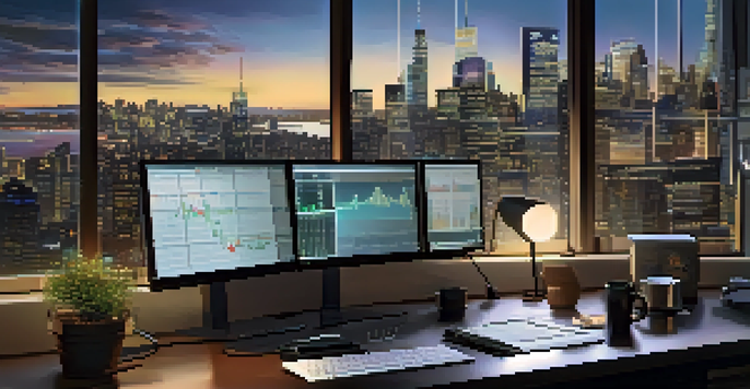 A Forex trading desk with monitors showing currency charts, a laptop, notepad, and a cup of coffee. The background features a city skyline at dusk.