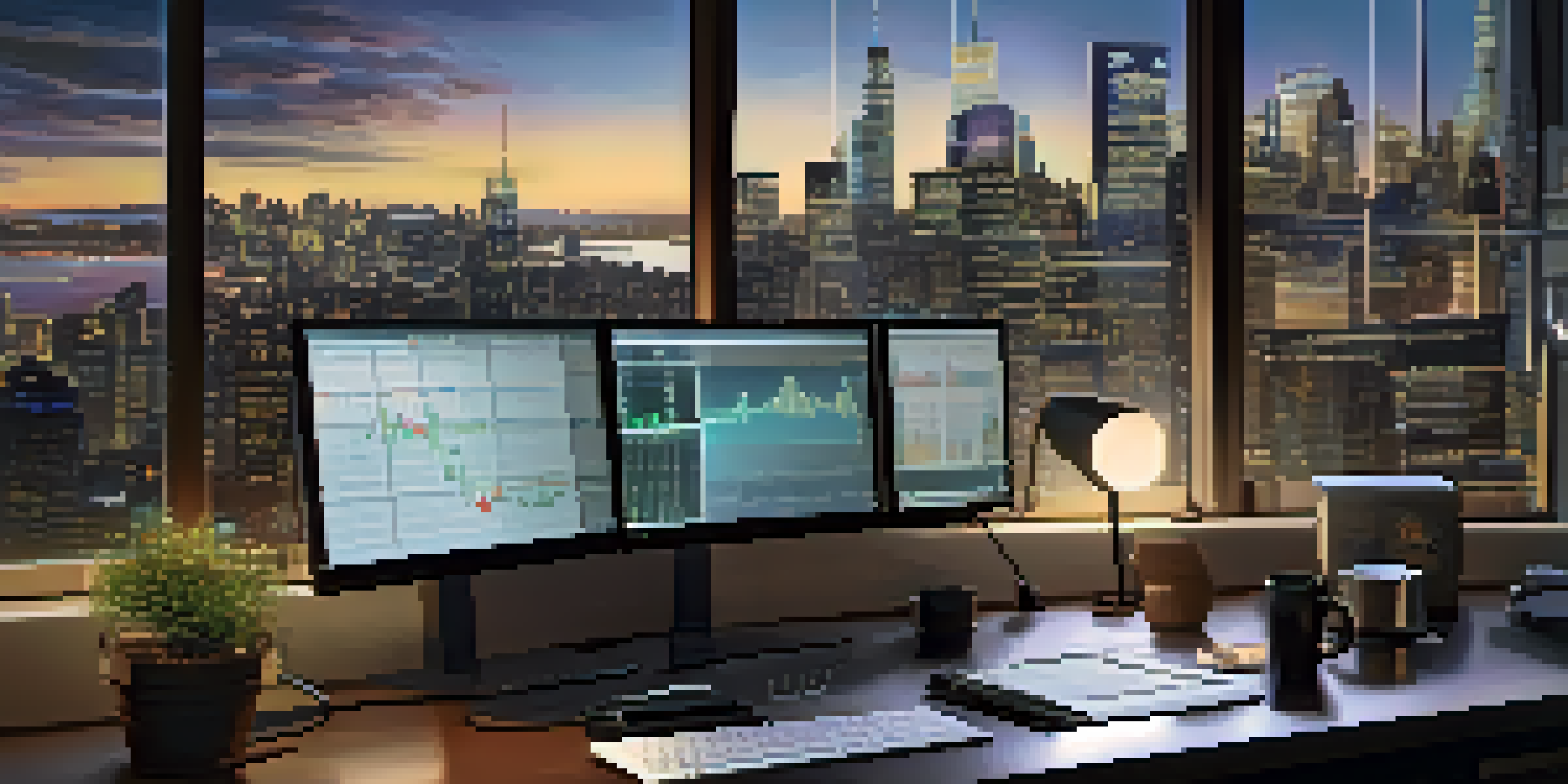 A Forex trading desk with monitors showing currency charts, a laptop, notepad, and a cup of coffee. The background features a city skyline at dusk.