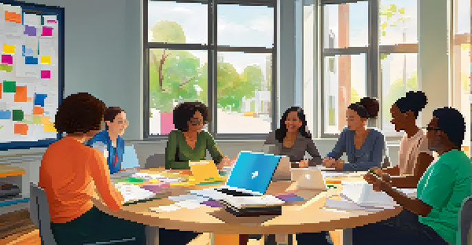 A diverse group of teachers collaborating in a modern classroom during a training session, with laptops and colorful notepads.