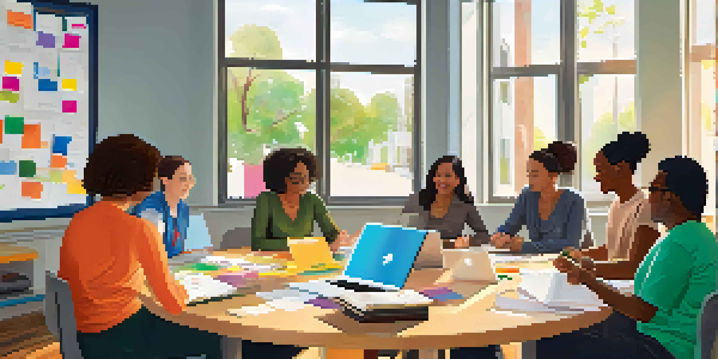 A diverse group of teachers collaborating in a modern classroom during a training session, with laptops and colorful notepads.