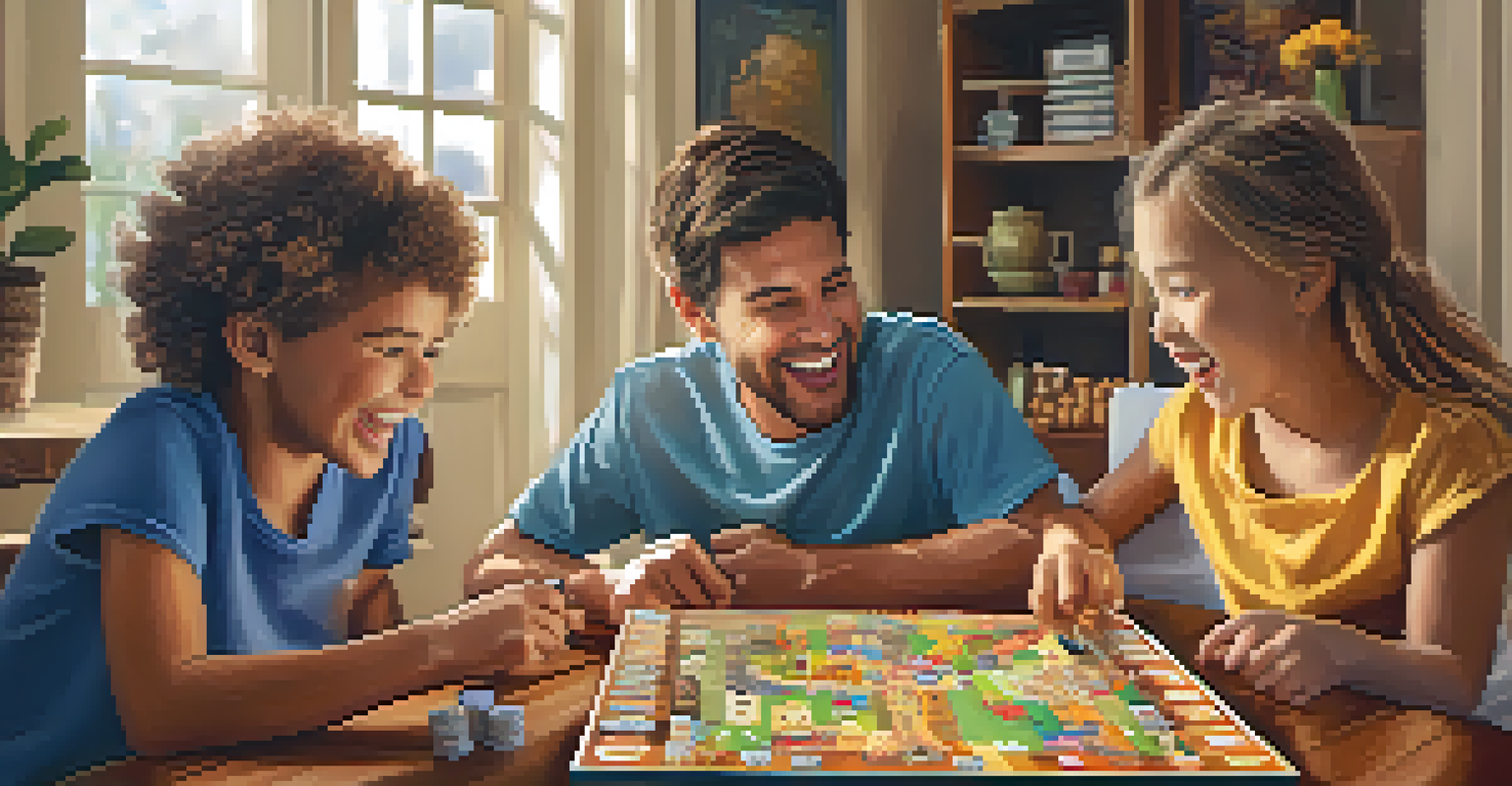 A family of four gathered around a table, enjoying a strategy board game with snacks around. The room is lively and filled with joy.