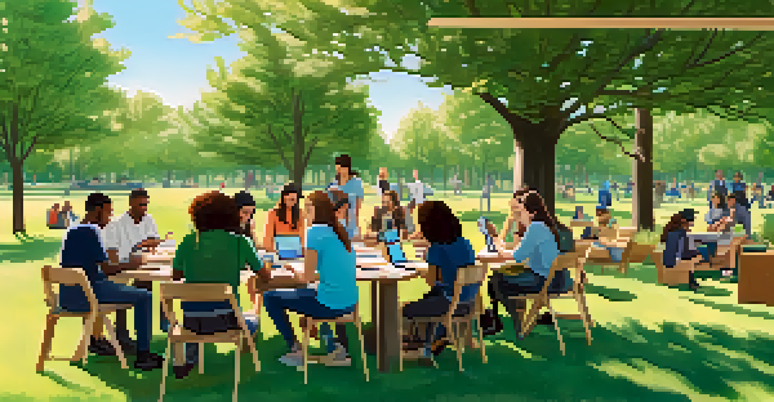 A group of diverse individuals participating in an outdoor sustainability education workshop, with digital devices and printed materials on a table, set in a green park.