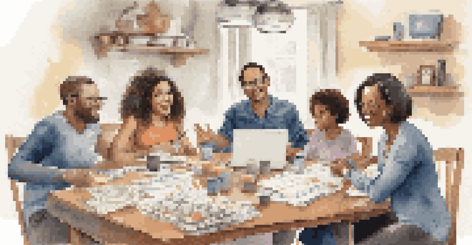 A family engaged in a friendly financial discussion around a dining table, with papers, a laptop, and a piggy bank visible.