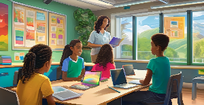 A teacher in a colorful online classroom engaging with students on a laptop, with educational posters and a bookshelf in the background.