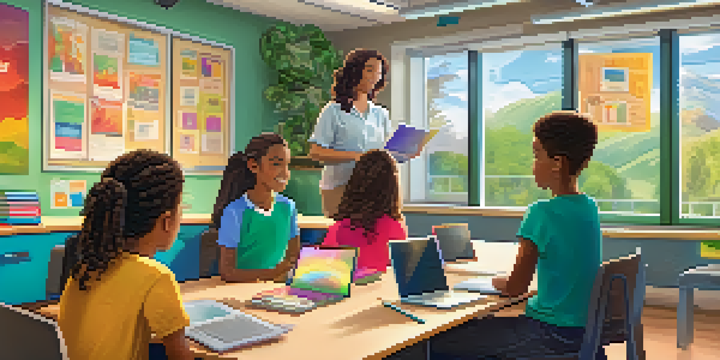 A teacher in a colorful online classroom engaging with students on a laptop, with educational posters and a bookshelf in the background.