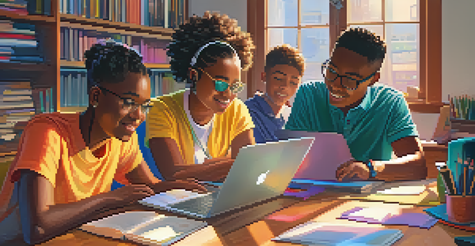 A diverse group of students participating in a video conferencing session, with laptops open and colorful educational slides visible on their screens.