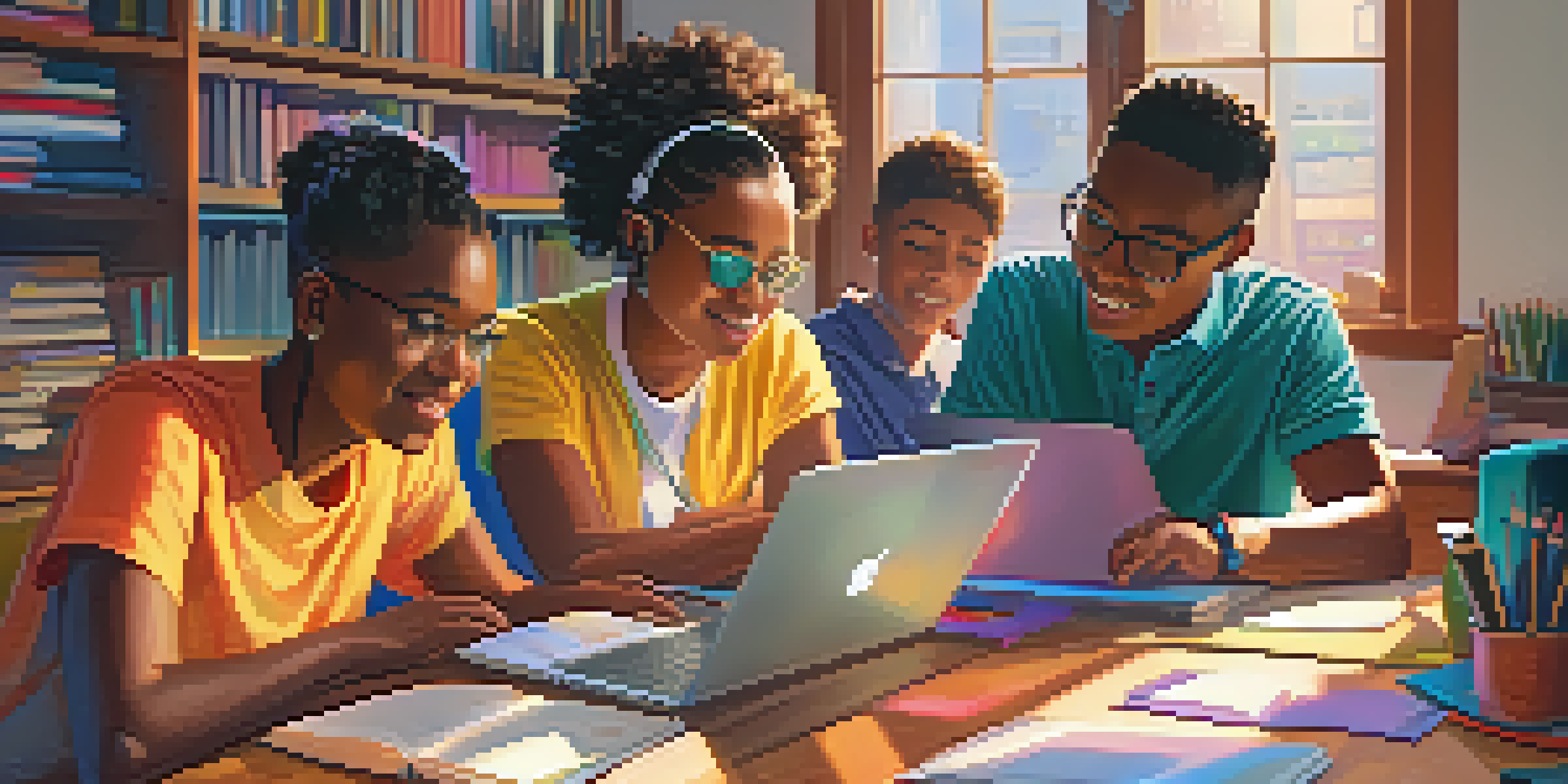 A diverse group of students participating in a video conferencing session, with laptops open and colorful educational slides visible on their screens.