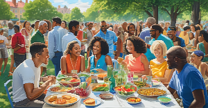 A diverse group of people enjoying a community potluck in a park, with colorful food and decorations.